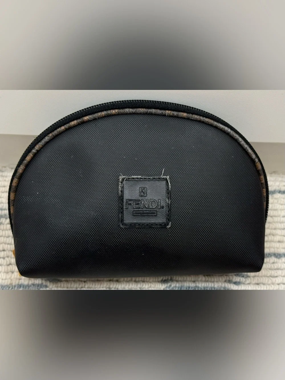 FENDI Vintage 90’s Signature Pequin Black Nylon Half-Moon Clutch/Cosmetic Pouch